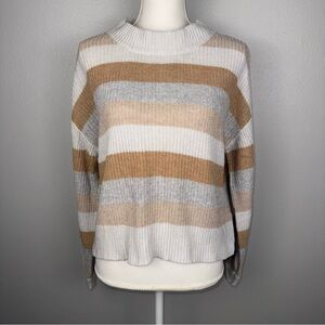 Cliche Women’s Small‎ Beige Gray White Wool Blend Sweater Stripes Mock Neck Cozy